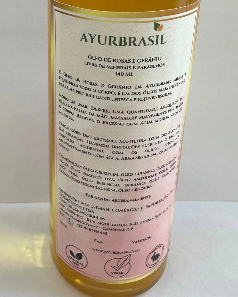Óleo de Rosas e Gerânio 140ml – Nutrição e Rejuvenescimento - Ayur Brasil