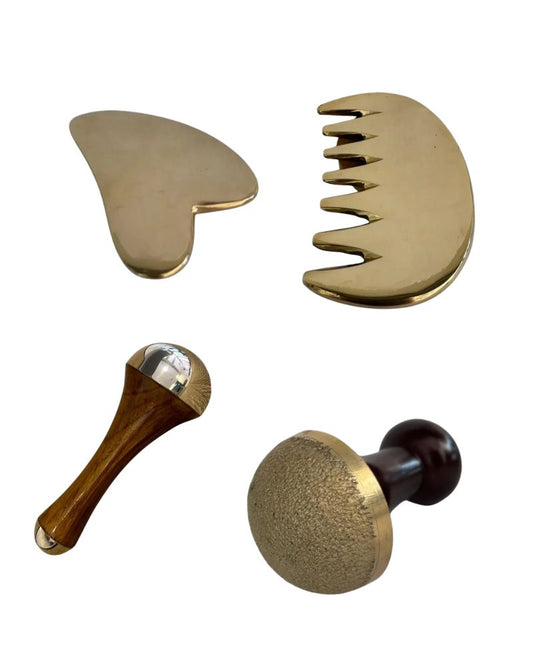 Kit 4 Peças AyurKansa - Kansa Vara Kansa Kanghi Kansa Gua-sha Kansa Vatki