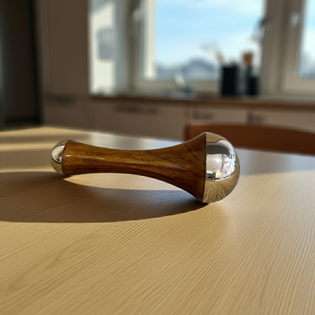 Detalhe do massageador facial ayurvédico em liga metálica Kansa